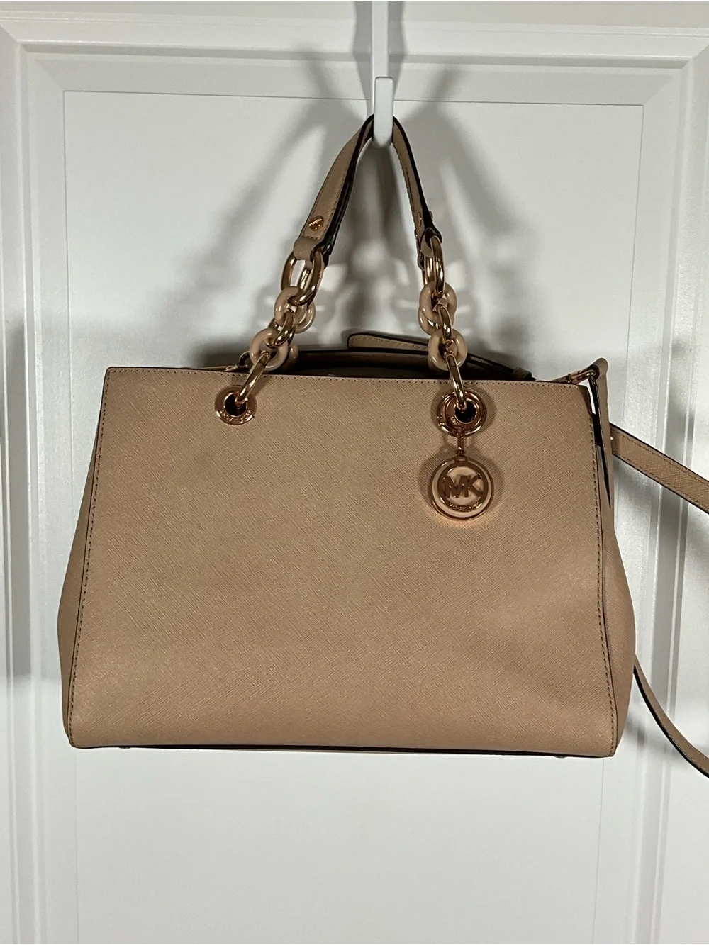 Michael Kors Cynthia Satchel Taupe Saffiano Leather Rose Gold Crossbody